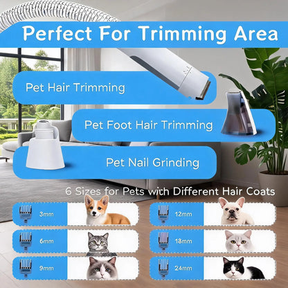 All-In-One Pet Hair Vacuum & Clipper System, 7-Piece Grooming & Nail Care Kit for Cats & Dogs - Anti-Shedding Tool Set for Shiny Tangle-Free Coat