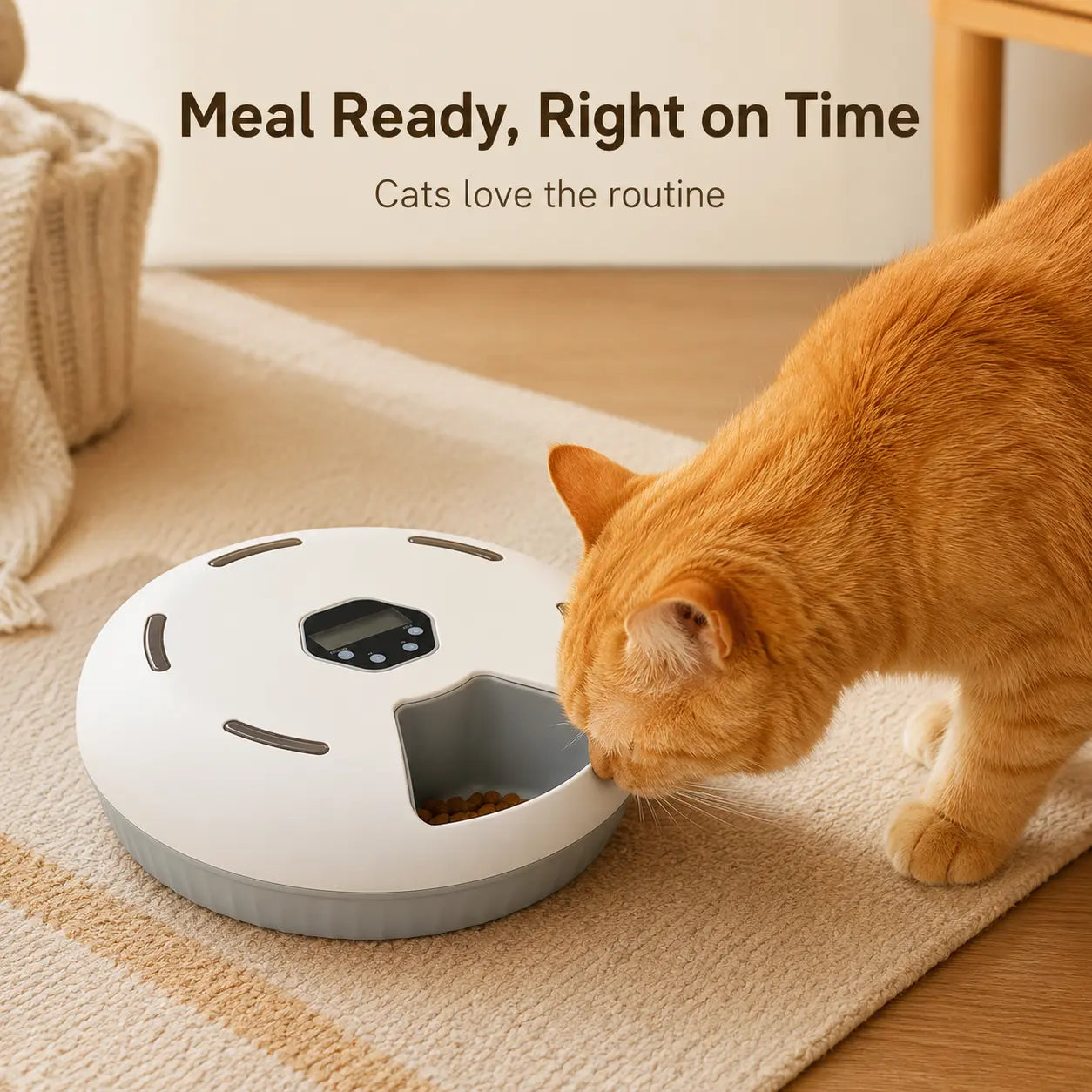 6-Meal Timed Automatic Cat Feeder - Indoor Detachable Rotating Wet & Dry Food Dispenser with Ice Packs, AA Battery Powered for Kittens/Pups, Small Dogs, White