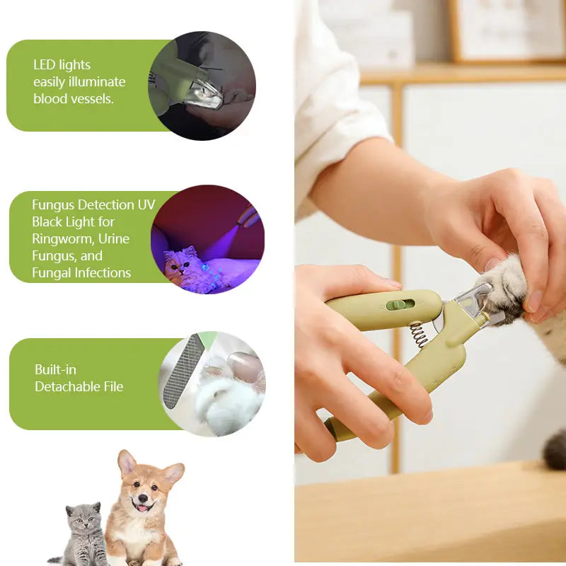 Dog Cat Nail Trimmer with LED Light & UV Lamp, Quick Safe Grooming, Sharp Blades, Built-In Nail File, Nail Collector, Non-Slip Ergonomic Handle for All Pet Sizes