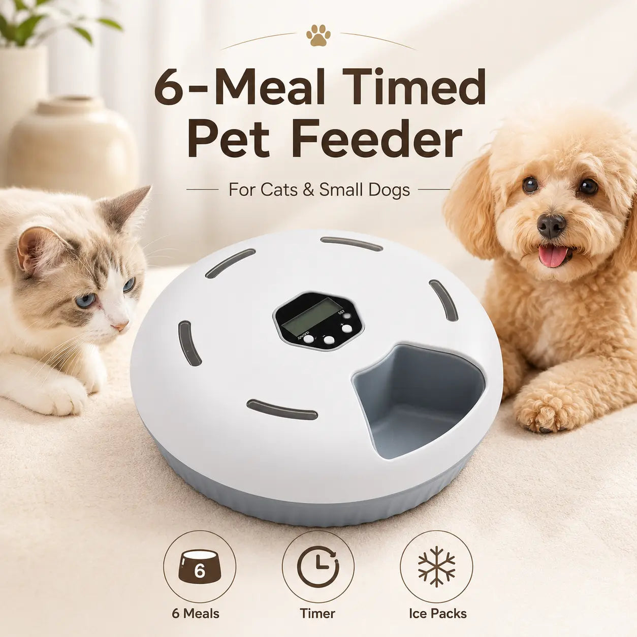 6-Meal Timed Automatic Cat Feeder - Indoor Detachable Rotating Wet & Dry Food Dispenser with Ice Packs, AA Battery Powered for Kittens/Pups, Small Dogs, White
