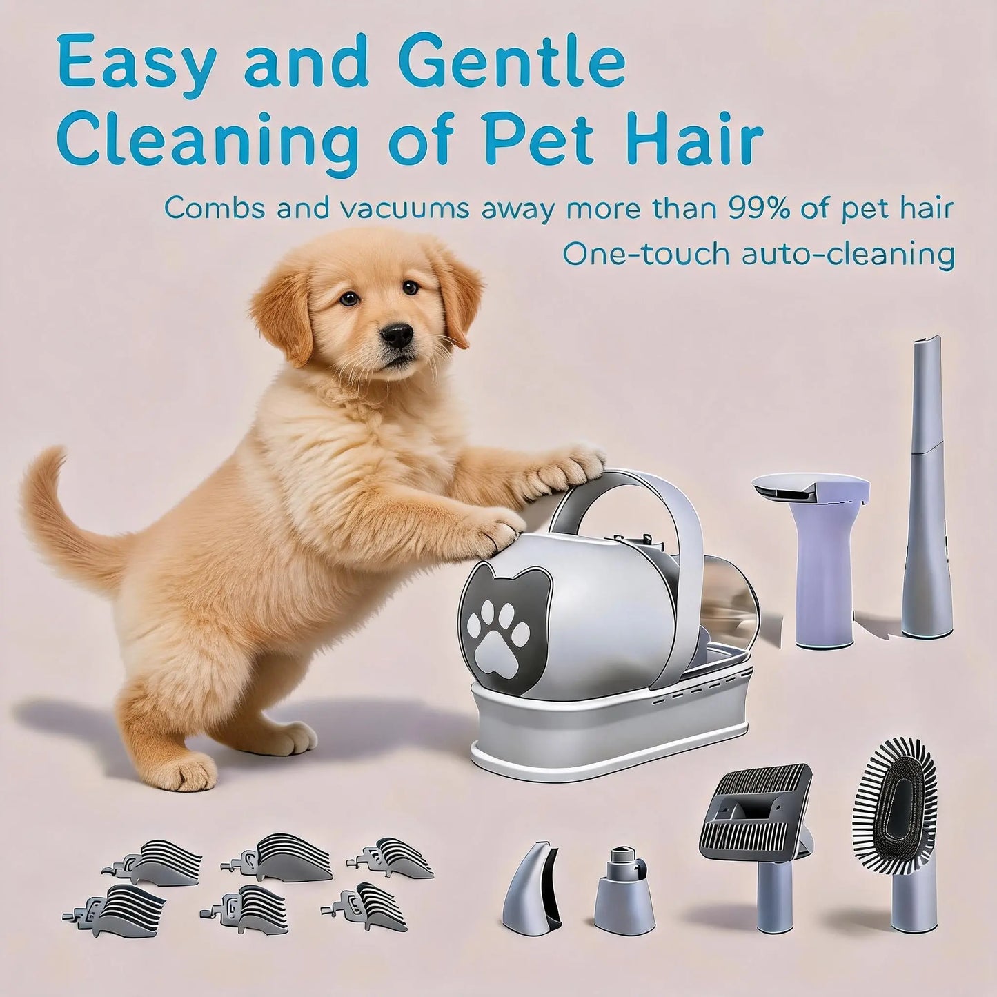 All-In-One Pet Hair Vacuum & Clipper System, 7-Piece Grooming & Nail Care Kit for Cats & Dogs - Anti-Shedding Tool Set for Shiny Tangle-Free Coat