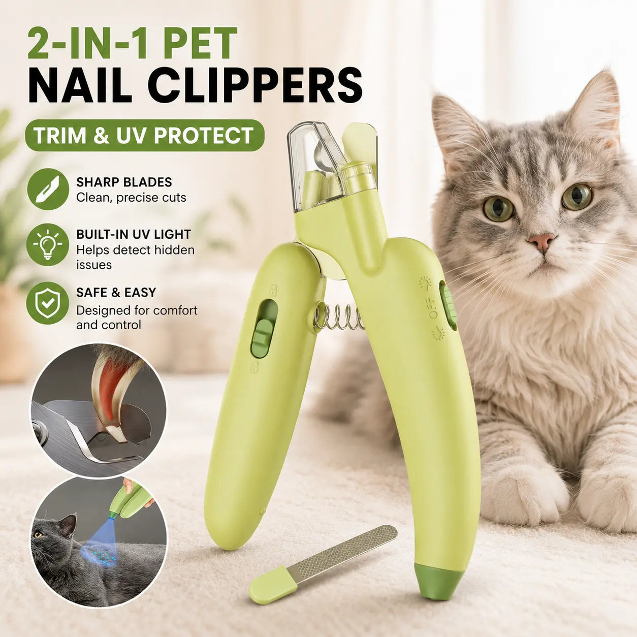 Dog Cat Nail Trimmer with LED Light & UV Lamp, Quick Safe Grooming, Sharp Blades, Built-In Nail File, Nail Collector, Non-Slip Ergonomic Handle for All Pet Sizes