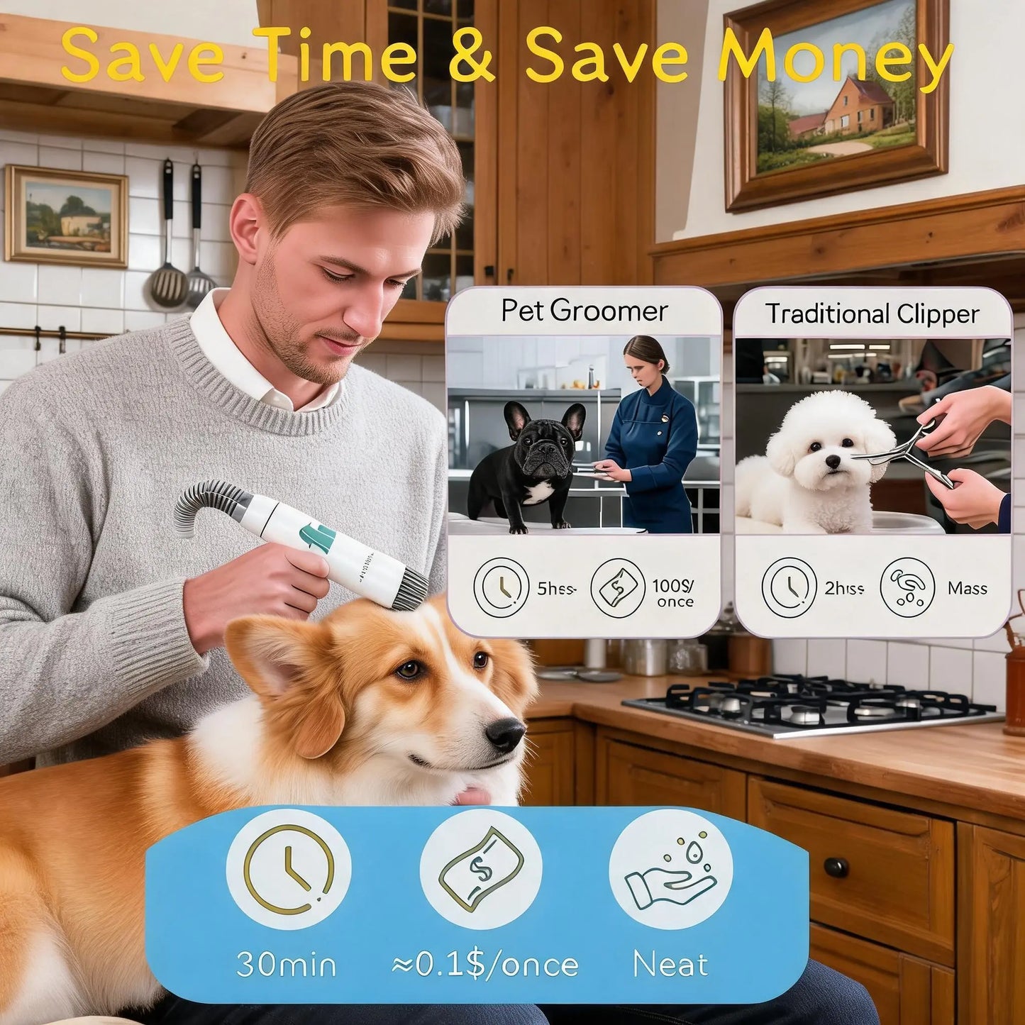All-In-One Pet Hair Vacuum & Clipper System, 7-Piece Grooming & Nail Care Kit for Cats & Dogs - Anti-Shedding Tool Set for Shiny Tangle-Free Coat